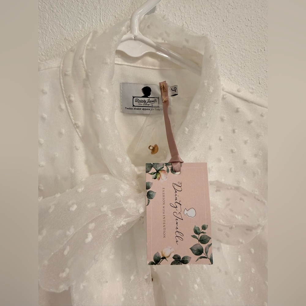 Elegant Dainty Jewells Sheer White Blouse with Bow - Picture 7 of 7